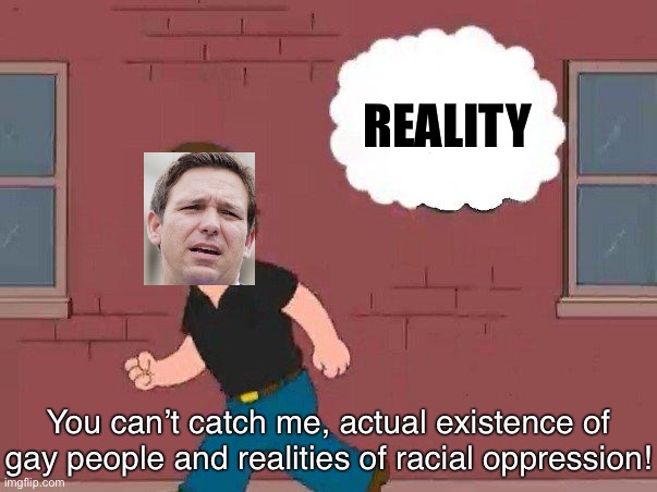 Ron DeSantis is a snowflake | REALITY; You can’t catch me, actual existence of gay people and realities of racial oppression! | image tagged in ron desantis,florida,lgbtq,dont say gay,critical race theory,conservative logic | made w/ Imgflip meme maker