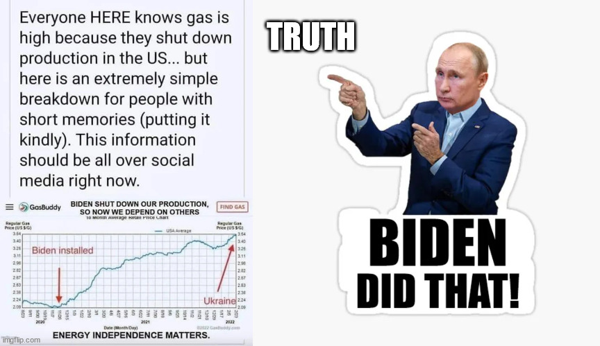 Yup... Biden is to blame for high gas prices | TRUTH | image tagged in dementia,joe biden,high,gas,gas prices | made w/ Imgflip meme maker