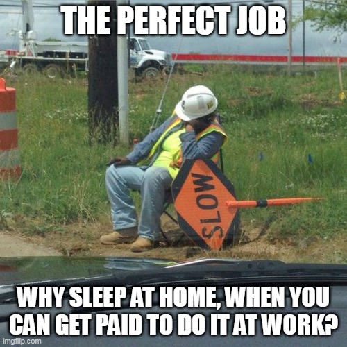 DONT WANNA SKIP WORK NOW | THE PERFECT JOB; WHY SLEEP AT HOME, WHEN YOU CAN GET PAID TO DO IT AT WORK? | image tagged in work,fail | made w/ Imgflip meme maker