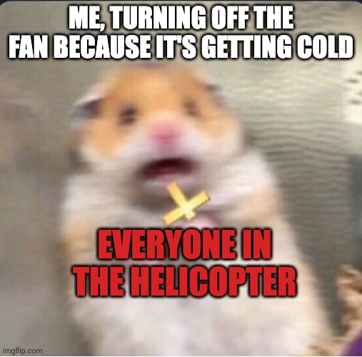 Am evil :D | ME, TURNING OFF THE FAN BECAUSE IT'S GETTING COLD; EVERYONE IN THE HELICOPTER | image tagged in shook christian hamster,shook,lol so funny | made w/ Imgflip meme maker