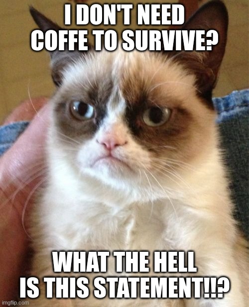 OMG WHAT THE HELL ARE YOU SAYING SMH | I DON'T NEED COFFE TO SURVIVE? WHAT THE HELL IS THIS STATEMENT!!? | image tagged in memes,grumpy cat | made w/ Imgflip meme maker