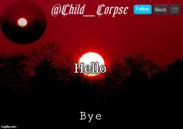Child_Corpse announcement template | Hello; Bye | image tagged in child_corpse announcement template | made w/ Imgflip meme maker