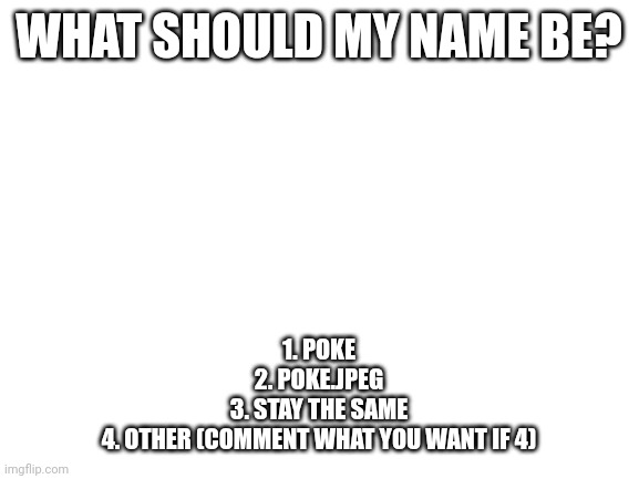 Blank White Template | WHAT SHOULD MY NAME BE? 1. POKE
2. POKE.JPEG
3. STAY THE SAME
4. OTHER (COMMENT WHAT YOU WANT IF 4) | image tagged in blank white template | made w/ Imgflip meme maker