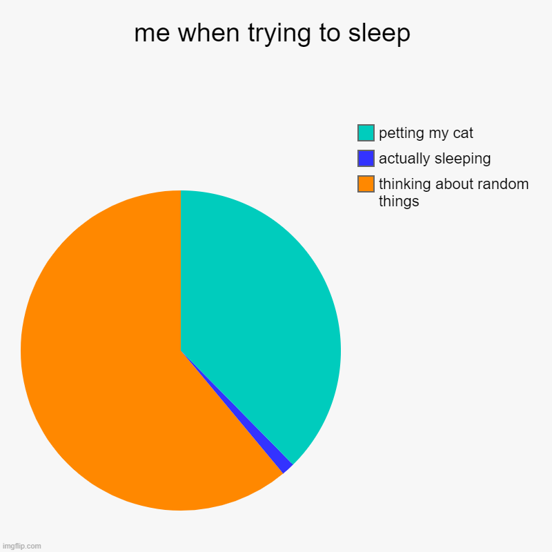 me when trying to sleep | me when trying to sleep | thinking about random things , actually sleeping, petting my cat | image tagged in charts,pie charts | made w/ Imgflip chart maker