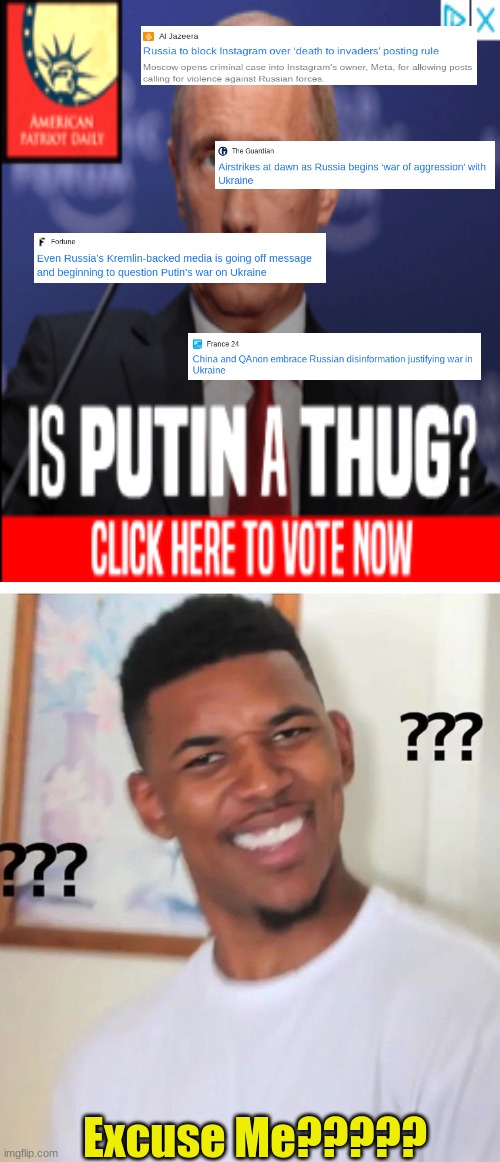 Is Putin a Thug? | Excuse Me????? | image tagged in vladimir putin,ukrainian lives matter,russia,memes,funny | made w/ Imgflip meme maker