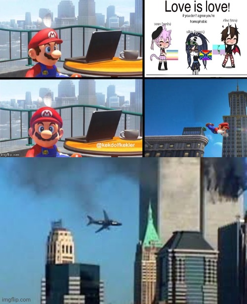 image tagged in mario jumps off of a building,9/11 plane crash | made w/ Imgflip meme maker