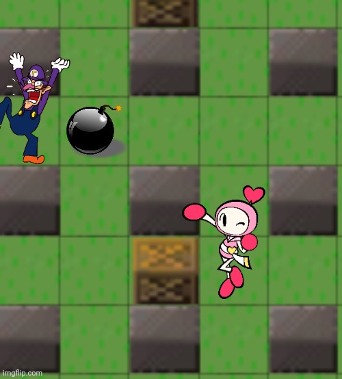 Waluigi dies by Pink Bomber in a Bomberman battle.mp3 (Aka the same fate where wario died) | image tagged in waluigi,bomberman,bombs,battle | made w/ Imgflip meme maker