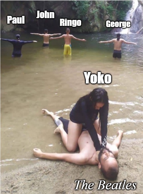 Yesterday  (Yoko Oh No!) | John; George; Paul; Ringo; Yoko; The Beatles | image tagged in water yoga,the beatles,yoko ono | made w/ Imgflip meme maker