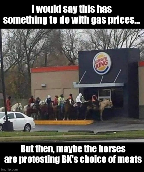 What in the Kingdom is going on here? |  I would say this has something to do with gas prices... But then, maybe the horses are protesting BK's choice of meats | image tagged in burger king,horse,meat,protest,whopper,gas prices | made w/ Imgflip meme maker