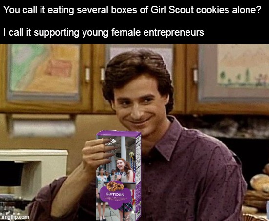 No Guilt Intended | You call it eating several boxes of Girl Scout cookies alone?
 
I call it supporting young female entrepreneurs | image tagged in dad joke,meme,memes,humor,girl scout cookies | made w/ Imgflip meme maker