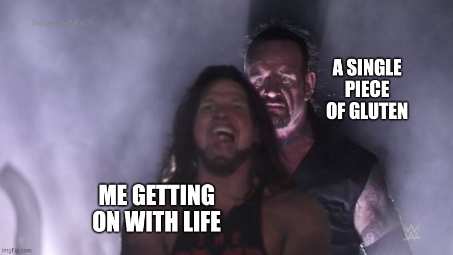 Trying to live a gluten free life | A SINGLE PIECE OF GLUTEN; ME GETTING ON WITH LIFE | image tagged in aj styles undertaker,gluten free,gluten | made w/ Imgflip meme maker