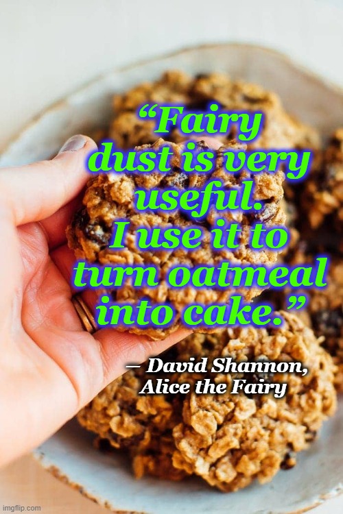 Cinnamon and Sugar = Fairy Dust | “Fairy dust is very useful. I use it to turn oatmeal into cake.”; ― David Shannon, Alice the Fairy | image tagged in cookies,oatmeal,fairy dust | made w/ Imgflip meme maker