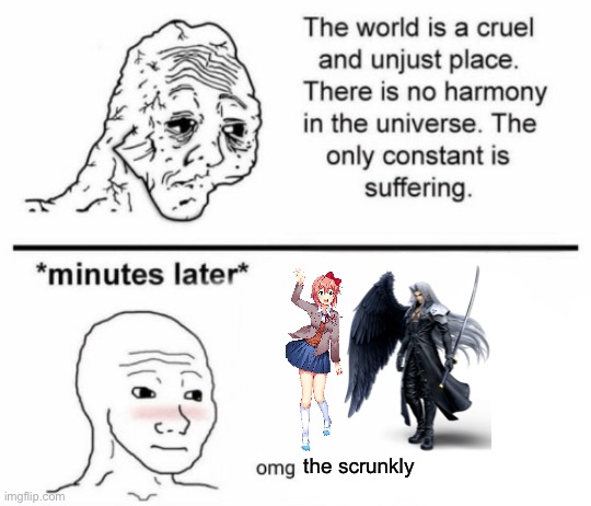 The only constant is suffering | the scrunkly | image tagged in minutes later omg,sayori and sephiroth | made w/ Imgflip meme maker