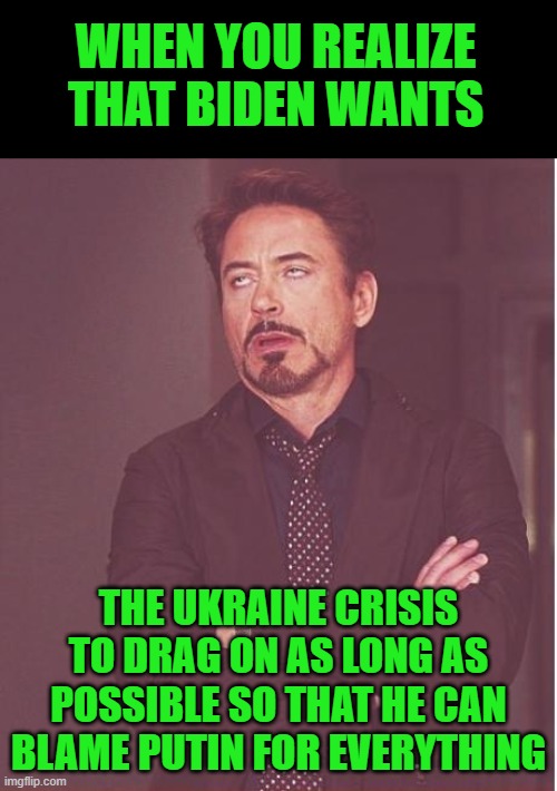 Yep, and there are some sheep in this country that will believe Sleepy Joe |  WHEN YOU REALIZE THAT BIDEN WANTS; THE UKRAINE CRISIS TO DRAG ON AS LONG AS POSSIBLE SO THAT HE CAN BLAME PUTIN FOR EVERYTHING | image tagged in face you make robert downey jr,joe biden | made w/ Imgflip meme maker