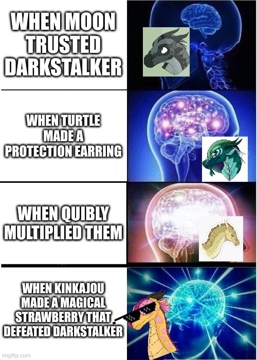 Expanding Brain | WHEN MOON TRUSTED DARKSTALKER; WHEN TURTLE MADE A PROTECTION EARRING; WHEN QUIBLY MULTIPLIED THEM; WHEN KINKAJOU MADE A MAGICAL STRAWBERRY THAT DEFEATED DARKSTALKER | image tagged in memes,expanding brain | made w/ Imgflip meme maker