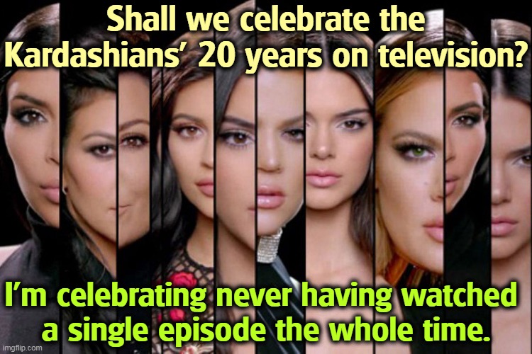 Shall we celebrate the Kardashians' 20 years on television? I'm celebrating never having watched 
a single episode the whole time. | image tagged in kardashians,television,garbage | made w/ Imgflip meme maker