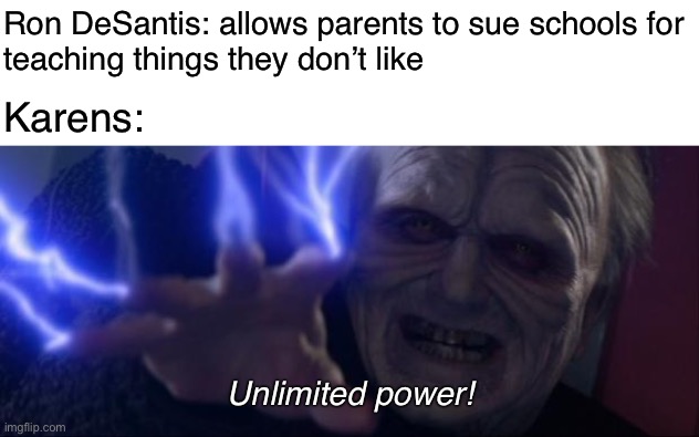 DeSantis is a homophobe | Ron DeSantis: allows parents to sue schools for
teaching things they don’t like; Karens:; Unlimited power! | image tagged in unlimited power palpatine,homophobia,ron desantis,florida,dont say gay,karens | made w/ Imgflip meme maker
