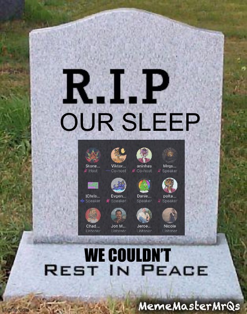 RIP headstone |  OUR SLEEP; WE COULDN’T; MemeMasterMrQs | image tagged in rip headstone | made w/ Imgflip meme maker
