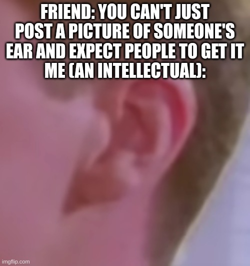 you get it? ;) | FRIEND: YOU CAN'T JUST POST A PICTURE OF SOMEONE'S EAR AND EXPECT PEOPLE TO GET IT
ME (AN INTELLECTUAL): | image tagged in rickroll,barney will eat all of your delectable biscuits,oh wow are you actually reading these tags,stop reading the tags | made w/ Imgflip meme maker