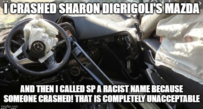 Sharon DiGrigoli's Mazda crash with SP n word racism (you need to STOP being racist) | I CRASHED SHARON DIGRIGOLI'S MAZDA; AND THEN I CALLED SP A RACIST NAME BECAUSE SOMEONE CRASHED! THAT IS COMPLETELY UNACCEPTABLE | image tagged in stop,that's racist,unacceptable | made w/ Imgflip meme maker