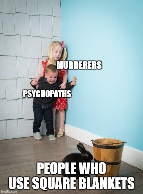 Kids Afraid of Rabbit | MURDERERS; PSYCHOPATHS; PEOPLE WHO USE SQUARE BLANKETS | image tagged in kids afraid of rabbit | made w/ Imgflip meme maker