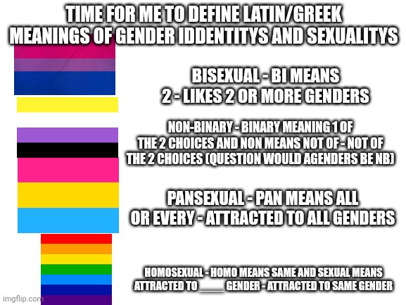 im bored and no one is posting | TIME FOR ME TO DEFINE LATIN/GREEK MEANINGS OF GENDER IDDENTITYS AND SEXUALITYS; BISEXUAL - BI MEANS 2 - LIKES 2 OR MORE GENDERS; NON-BINARY - BINARY MEANING 1 OF THE 2 CHOICES AND NON MEANS NOT OF - NOT OF THE 2 CHOICES (QUESTION WOULD AGENDERS BE NB); PANSEXUAL - PAN MEANS ALL OR EVERY - ATTRACTED TO ALL GENDERS; HOMOSEXUAL - HOMO MEANS SAME AND SEXUAL MEANS ATTRACTED TO ____ GENDER - ATTRACTED TO SAME GENDER | image tagged in blank white template,stuff | made w/ Imgflip meme maker
