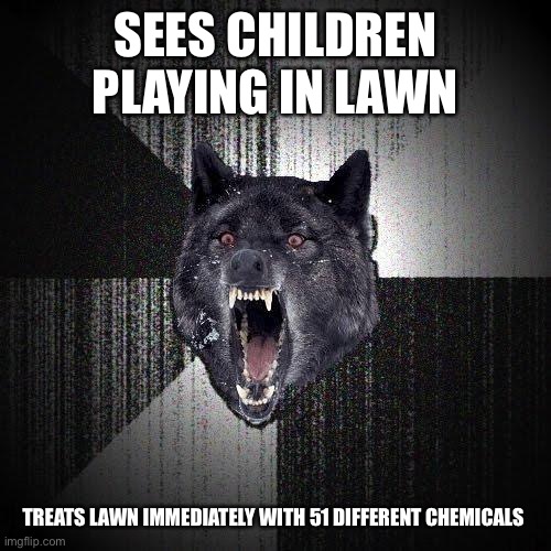 Insanity Wolf Meme | SEES CHILDREN PLAYING IN LAWN; TREATS LAWN IMMEDIATELY WITH 51 DIFFERENT CHEMICALS | image tagged in memes,insanity wolf | made w/ Imgflip meme maker