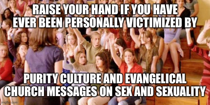 Raise your hand if you have ever been personally victimized by R | RAISE YOUR HAND IF YOU HAVE EVER BEEN PERSONALLY VICTIMIZED BY; PURITY CULTURE AND EVANGELICAL CHURCH MESSAGES ON SEX AND SEXUALITY | image tagged in raise your hand if you have ever been personally victimized by r | made w/ Imgflip meme maker