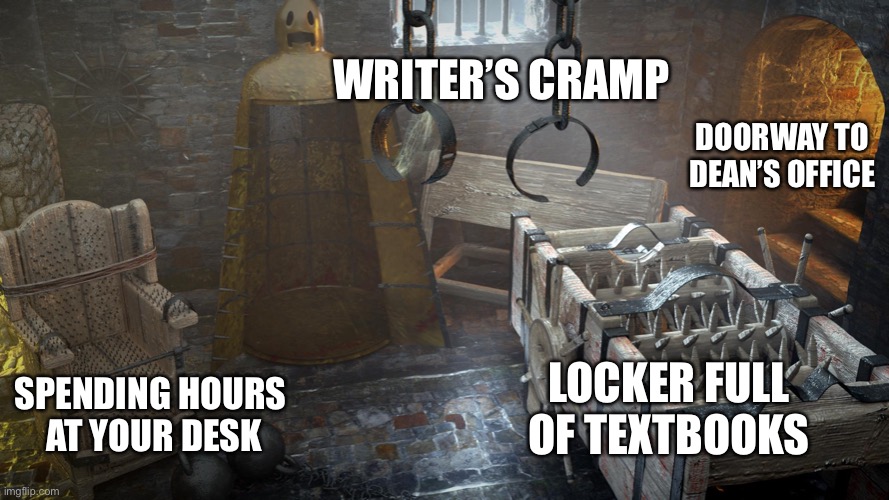 The Classroom | WRITER’S CRAMP; DOORWAY TO DEAN’S OFFICE; LOCKER FULL OF TEXTBOOKS; SPENDING HOURS
 AT YOUR DESK | image tagged in torture chamber,memes | made w/ Imgflip meme maker