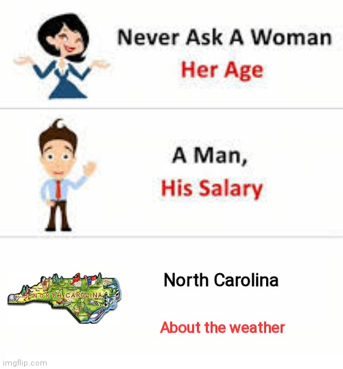 Never ask a woman her age | North Carolina; About the weather | image tagged in never ask a woman her age | made w/ Imgflip meme maker