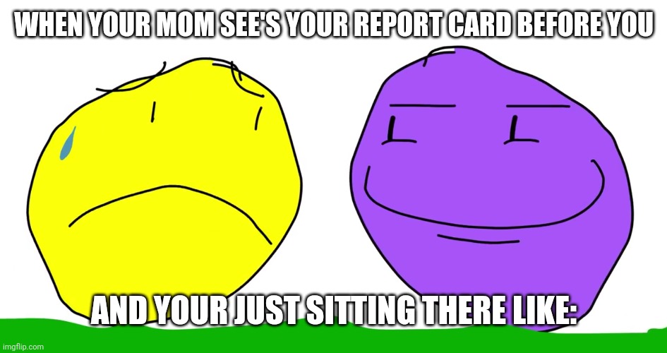 Make this a meme lol. | WHEN YOUR MOM SEE'S YOUR REPORT CARD BEFORE YOU; AND YOUR JUST SITTING THERE LIKE: | image tagged in bfb,bfdi,memes,meme,report card | made w/ Imgflip meme maker