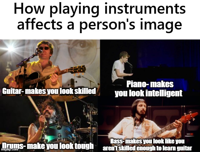 I'm used to be a drummer, and I'm not tough |  How playing instruments affects a person's image; Piano- makes you look intelligent; Guitar- makes you look skilled; Bass- makes you look like you aren't skilled enough to learn guitar; Drums- make you look tough | image tagged in guitar,piano,drums,bass,instruments,music meme | made w/ Imgflip meme maker