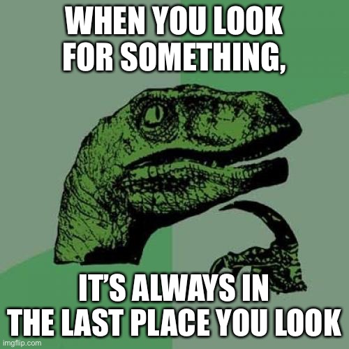 i knew this 23 days ago. and i hate prime numbers. | WHEN YOU LOOK FOR SOMETHING, IT’S ALWAYS IN THE LAST PLACE YOU LOOK | image tagged in memes,philosoraptor | made w/ Imgflip meme maker