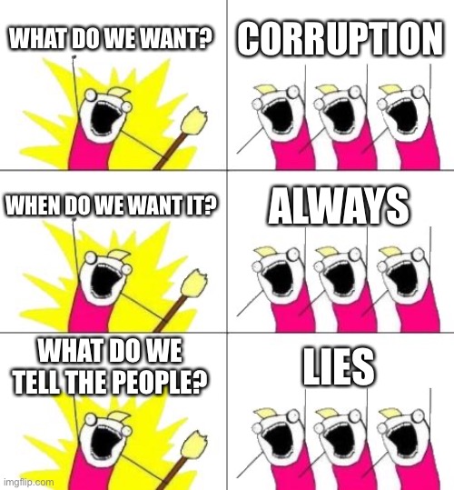 If Democrat Rallies Told the Truth: | WHAT DO WE WANT? CORRUPTION; WHEN DO WE WANT IT? ALWAYS; WHAT DO WE TELL THE PEOPLE? LIES | image tagged in memes,what do we want 3,democrats,corruption | made w/ Imgflip meme maker