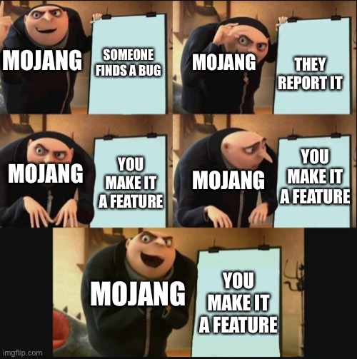 Mojang be like | SOMEONE FINDS A BUG; MOJANG; MOJANG; THEY REPORT IT; YOU MAKE IT A FEATURE; MOJANG; YOU MAKE IT A FEATURE; MOJANG; YOU MAKE IT A FEATURE; MOJANG | image tagged in 5 panel gru meme | made w/ Imgflip meme maker