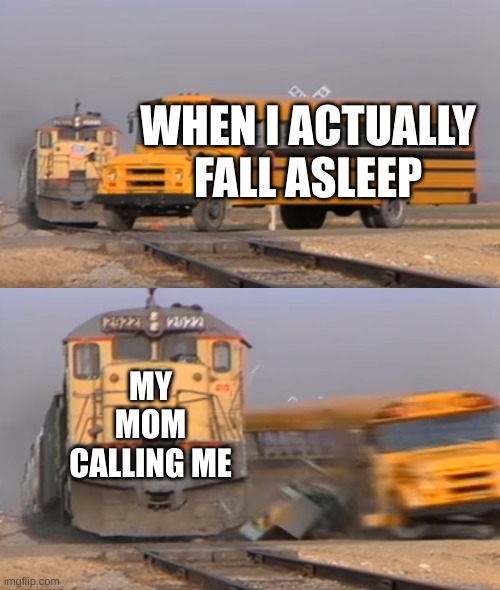 A train hitting a school bus | WHEN I ACTUALLY FALL ASLEEP; MY MOM CALLING ME | image tagged in a train hitting a school bus | made w/ Imgflip meme maker