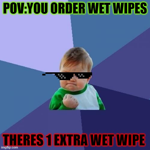 Success Kid | POV:YOU ORDER WET WIPES; THERES 1 EXTRA WET WIPE | image tagged in memes,success kid | made w/ Imgflip meme maker