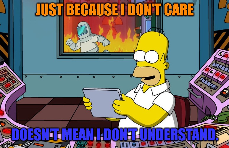 Just because I don't care doesn't mean I don't understand | JUST BECAUSE I DON'T CARE; DOESN'T MEAN I DON'T UNDERSTAND. | image tagged in homer simpson ignoring fire | made w/ Imgflip meme maker
