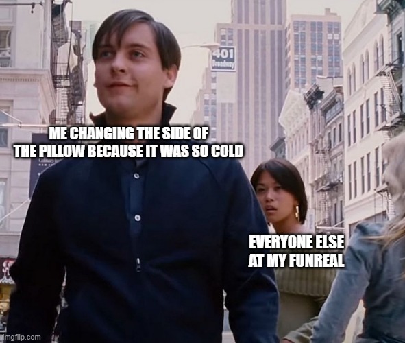 Tobey Maguire Happy | ME CHANGING THE SIDE OF THE PILLOW BECAUSE IT WAS SO COLD; EVERYONE ELSE AT MY FUNREAL | image tagged in tobey maguire happy | made w/ Imgflip meme maker