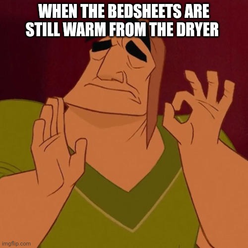 When X just right | WHEN THE BEDSHEETS ARE STILL WARM FROM THE DRYER | image tagged in when x just right | made w/ Imgflip meme maker