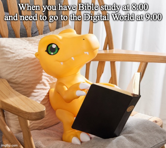 When you have Bible study at 8:00 and need to go to the Digital World at 9:00 | image tagged in digimon,holy bible,anime meme | made w/ Imgflip meme maker