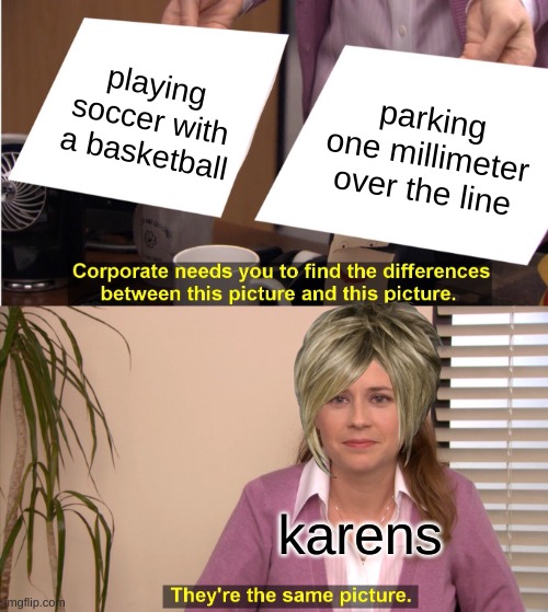 random meme day 3 | playing soccer with a basketball; parking one millimeter over the line; karens | image tagged in memes,they're the same picture | made w/ Imgflip meme maker
