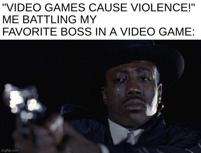 I don't wanna kill em, but I have to... ;-; | "VIDEO GAMES CAUSE VIOLENCE!"
ME BATTLING MY FAVORITE BOSS IN A VIDEO GAME: | image tagged in killing while crying | made w/ Imgflip meme maker