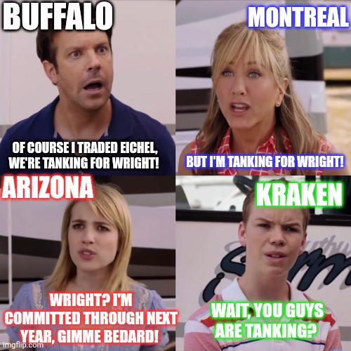 Rose I can explain | BUFFALO; MONTREAL; OF COURSE I TRADED EICHEL, WE'RE TANKING FOR WRIGHT! BUT I'M TANKING FOR WRIGHT! ARIZONA; KRAKEN; WRIGHT? I'M COMMITTED THROUGH NEXT YEAR, GIMME BEDARD! WAIT, YOU GUYS ARE TANKING? | image tagged in rose i can explain | made w/ Imgflip meme maker