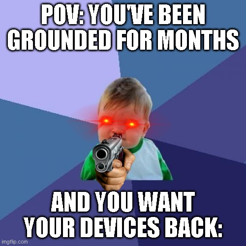 MaMa mE wAnt DeVice Back!1! | POV: YOU'VE BEEN GROUNDED FOR MONTHS; AND YOU WANT YOUR DEVICES BACK: | image tagged in memes,success kid,device,computer,funny,grounded | made w/ Imgflip meme maker