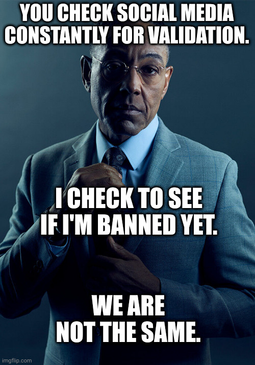 checks | YOU CHECK SOCIAL MEDIA CONSTANTLY FOR VALIDATION. I CHECK TO SEE IF I'M BANNED YET. WE ARE NOT THE SAME. | image tagged in gus fring we are not the same | made w/ Imgflip meme maker