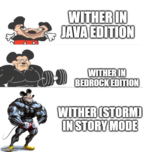 buff mickey | WITHER IN JAVA EDITION; WITHER IN BEDROCK EDITION; WITHER (STORM) IN STORY MODE | image tagged in buff mickey,memes,minecraft,wither | made w/ Imgflip meme maker