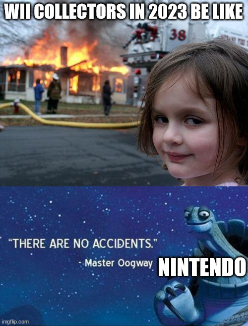 Right On, Oogway | WII COLLECTORS IN 2023 BE LIKE; NINTENDO | image tagged in memes,disaster girl,there are no accidents | made w/ Imgflip meme maker