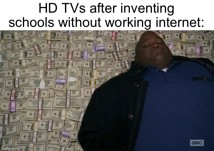 These flatscreens don’t even serve any purpose | HD TVs after inventing schools without working internet: | image tagged in breaking bad money bed | made w/ Imgflip meme maker