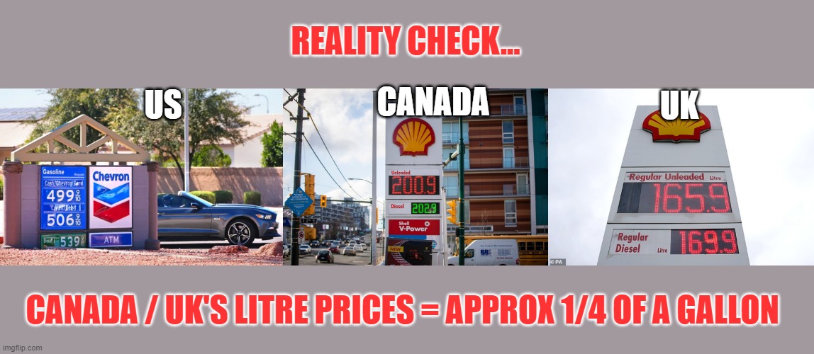 High gas prices are Biden's fault says GOP... | REALITY CHECK... CANADA; US; UK; CANADA / UK'S LITRE PRICES = APPROX 1/4 OF A GALLON | image tagged in gas prices,gallon vs litre,macro economics,bs propaganda,gop lies | made w/ Imgflip meme maker